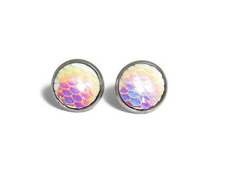 White Mermaid Scale Earrings, Stainless Steel Iridescent Studs, Round Dragon Scale Earrings