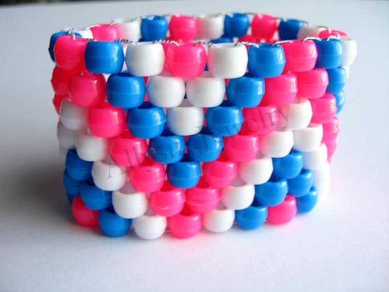 Zigzag Kandi Cuff, Pink Blue Bracelet, Plur Rave Jewelry, White Zig Zags image 2