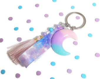 Pastel Galaxy Key Chain, Moon Purse Charm, Purple Pink and Blue