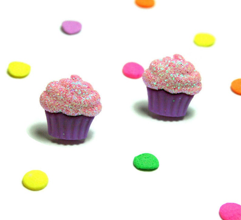 Food Jewelry Glitter Frosting Stud Earrings Purple Cupcake Earrings Kawaii Kitsch Studs