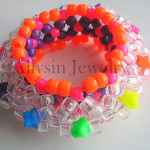 3D Star Kandi Cuff, Neon Rainbow Bracelet, Disc Style, Rave Plur Kandi