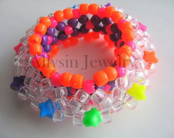 3D Star Kandi Cuff, Bracelet Arc-en-ciel au néon, Style Disque, Rave Plur Kandi