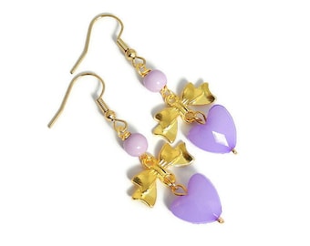 Purple Heart Earrings, Gold Bow Dangles, Statement Jewelry