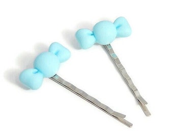 Blue Bow Hair Pins, Pastel Bobby Pins, Kawaii Hair Accessories