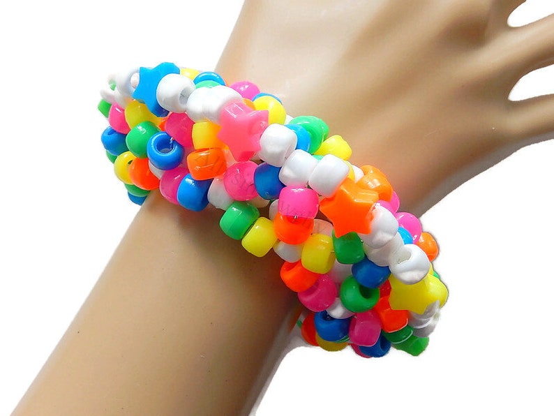 White Rainbow Kandi Cuff, Stars, Neon 3D Disc Bracelet, Rave Plur Kandi image 3