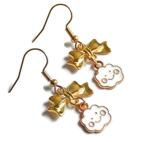 Happy Cloud Earrings, Kawaii Bow Dangles in Gold