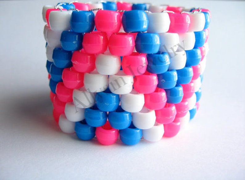 Zigzag Kandi Cuff, Pink Blue Bracelet, Plur Rave Jewelry, White Zig Zags image 1