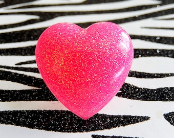 Large Pink Heart Ring, Glitter Adjustable Ring, Rave Jewelry