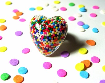 Sprinkles Heart Ring - Resin Rainbow - Candy Jewelry - Kitsch Kawaii