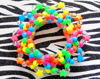 Neon Rainbow Kandi Cuff, Stars, 3D Disc Bracelet, Rave Plur Kandi