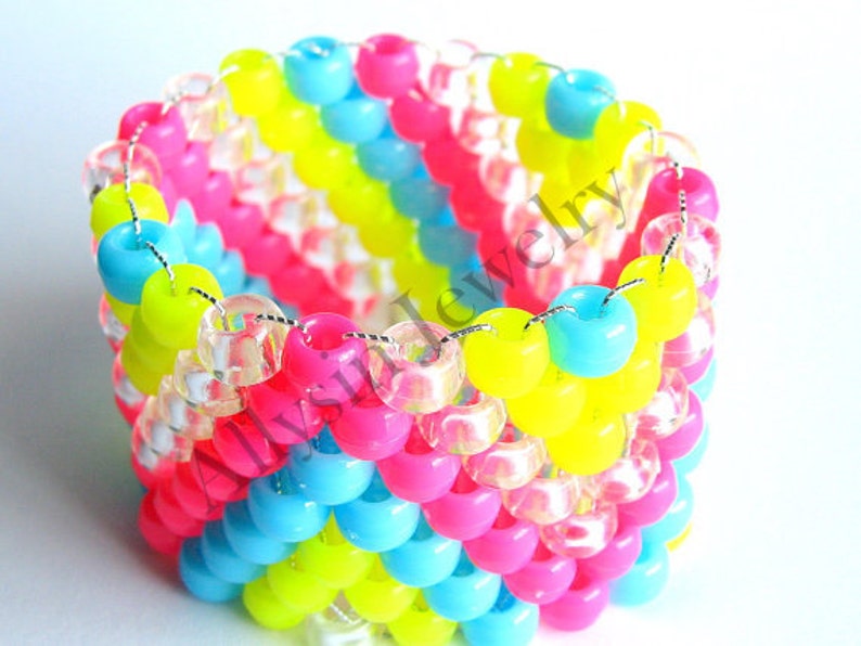 Bracelet neon Kandi Cuff, ZigZag Raver Plur, Hot Pink, Neon Yellow, Baby Blue Zig Zags image 5