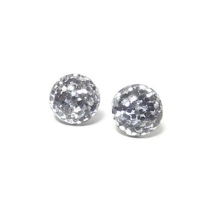 Silver Glitter Earrings, Resin Stud Earrings, Round Sparkle Earrings