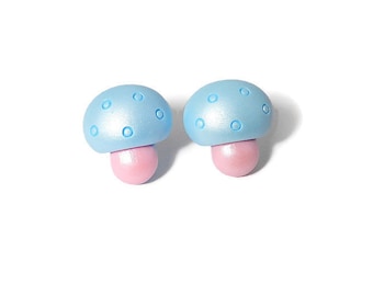 Blue Mushroom Earrings, Shroom Studs, Pastel Toadstools