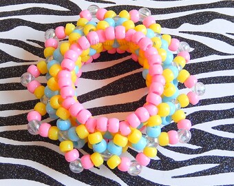 3D Pastel Kandi Cuff, Pink Yellow Blue Star Disc Bracelet, Rave Plur Kandi