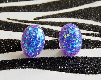 Iridescent Oval Earrings, Pastel Goth Studs, Resin Posts, Purple Blue Glitter Jewelry