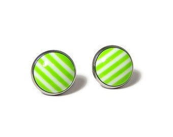 Green Striped Stud Earrings 14mm