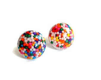 Rainbow Sprinkles Earrings, 16mm Round Stud Earrings, Kawaii Candy Jewelry