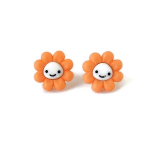 Orange Daisy Earrings, Smiley Face Flower Studs, Rave Festival Accessories