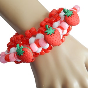 Strawberry Kandi Cuff, 3D Disc Bracelet, Pink Red Lovecore Rave Plur