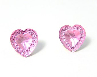 Pink Heart Earrings, Ballet Pink Crystal Heart Studs, Resin Heart Stud Earrings, Pastel Earrings, Fairy Kei