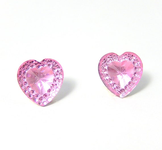 Pink Heart Earrings, Ballet Pink Crystal Heart Studs, Resin Heart Stud Earrings, Pastel Earrings, Fairy Kei