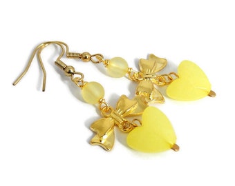 Yellow Heart Earrings, Gold Bow Dangles, Statement Jewelry