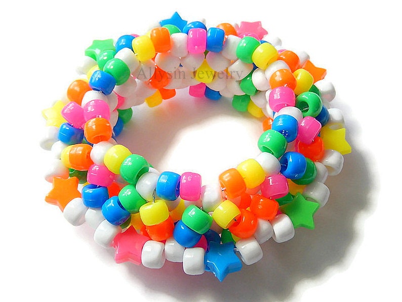 White Rainbow Kandi Cuff, Stars, Neon 3D Disc Bracelet, Rave Plur Kandi image 4