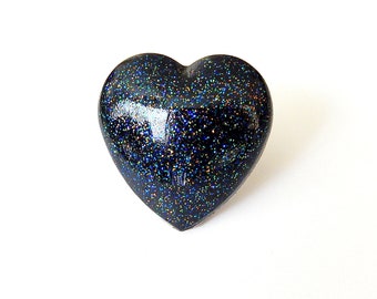 Large Black Ring, Heart Jewelry, Holographic Glitter Adjustable Ring