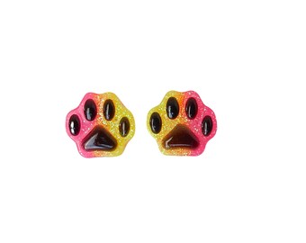 Neon Paw Stud Earrings, Pink Yellow Kitty Cat Jewelry