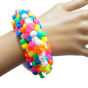 White Rainbow Kandi Cuff, Stars, Neon 3D Disc Bracelet, Rave Plur Kandi