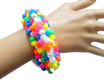 White Rainbow Kandi Cuff, Stars, Neon 3D Disc Bracelet, Rave Plur Kandi