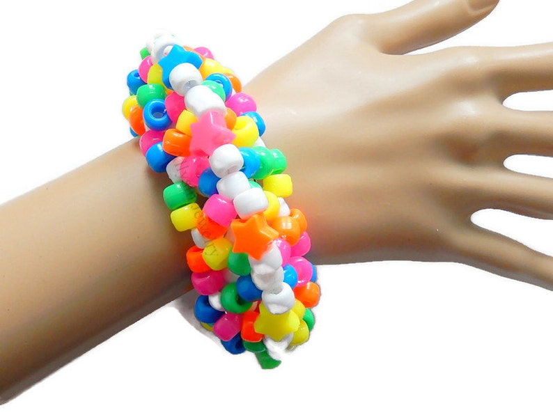 White Rainbow Kandi Cuff, Stars, Neon 3D Disc Bracelet, Rave Plur Kandi image 1