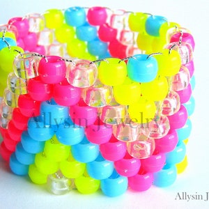 Neon Kandi Cuff Bracelet, ZigZag Raver Plur, Hot Pink, Neon Yellow, Baby Blue Zig Zags