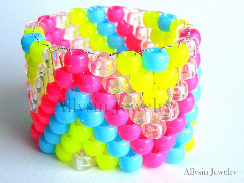 Bracelet neon Kandi Cuff, ZigZag Raver Plur, Hot Pink, Neon Yellow, Baby Blue Zig Zags image 1