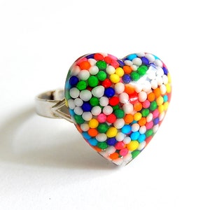 Kawaii Sprinkles Heart Ring, Rainbow Resin Jewelry, Candy Ring