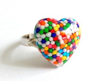 Kawaii Sprinkles Heart Ring, Rainbow Resin Jewelry, Candy Ring