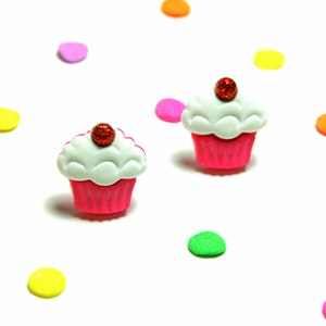 Pink Cupcake Studs, Earrings, Kawaii Kitsch, Cherry on Top, Food Jewelry image 1