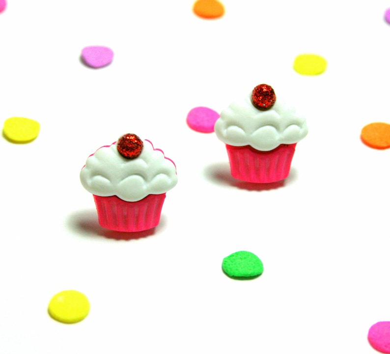 Pink Cupcake Studs, Earrings, Kawaii Kitsch, Cherry on Top, Food Jewelry image 1