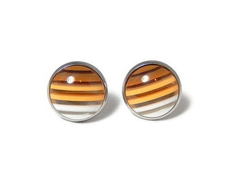 Brown Striped Stud Earrings 14mm