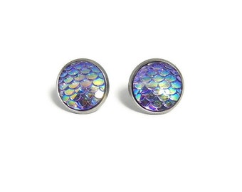 Lilac Mermaid Scale Earrings, Stainless Steel Iridescent Studs, Round Dragon Scale Earrings