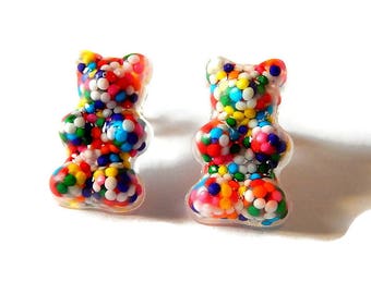 Gummy Bear Earrings, Sprinkles Studs, Resin Candy Posts, Kawaii Mini Food Jewelry