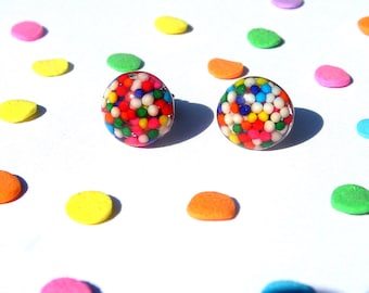 Round Sprinkles Earrings, Studs, Rainbow Candy, Kawaii