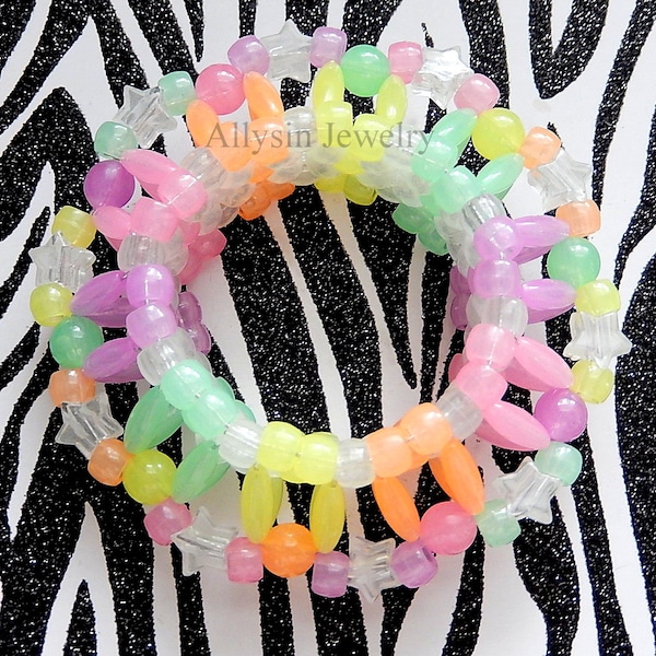 3D Glow Kandi Cuff Bracelet, Pastel Kandi, Star Cuff, Disc Style, Rainbow Glow in the Dark, Rave Plur, Edm Accessories