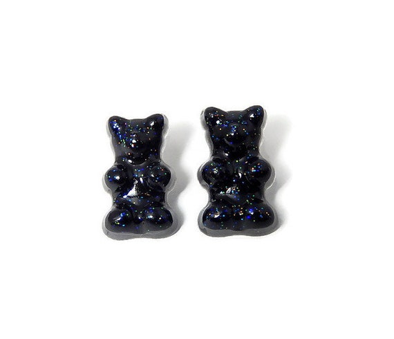 Black Gummy Bear Earrings Glitter Resin Studs Candy Posts