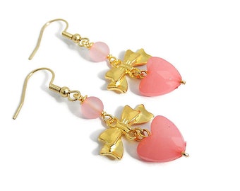 Light Pink Heart Earrings, Gold Bow Dangles, Statement Jewelry