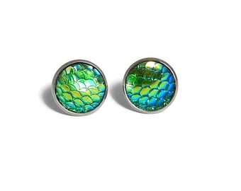 Green Mermaid Scale Earrings, Stainless Steel Iridescent Studs, Round Dragon Scale Earrings