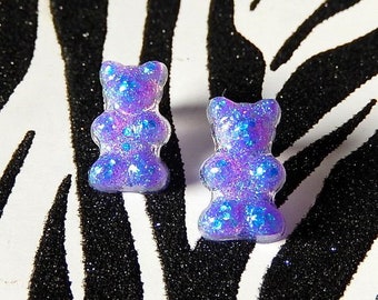 Iridescent Gummy Bear Earrings, Purple Resin Studs, Candy Posts, Kawaii Mini Food Jewelry