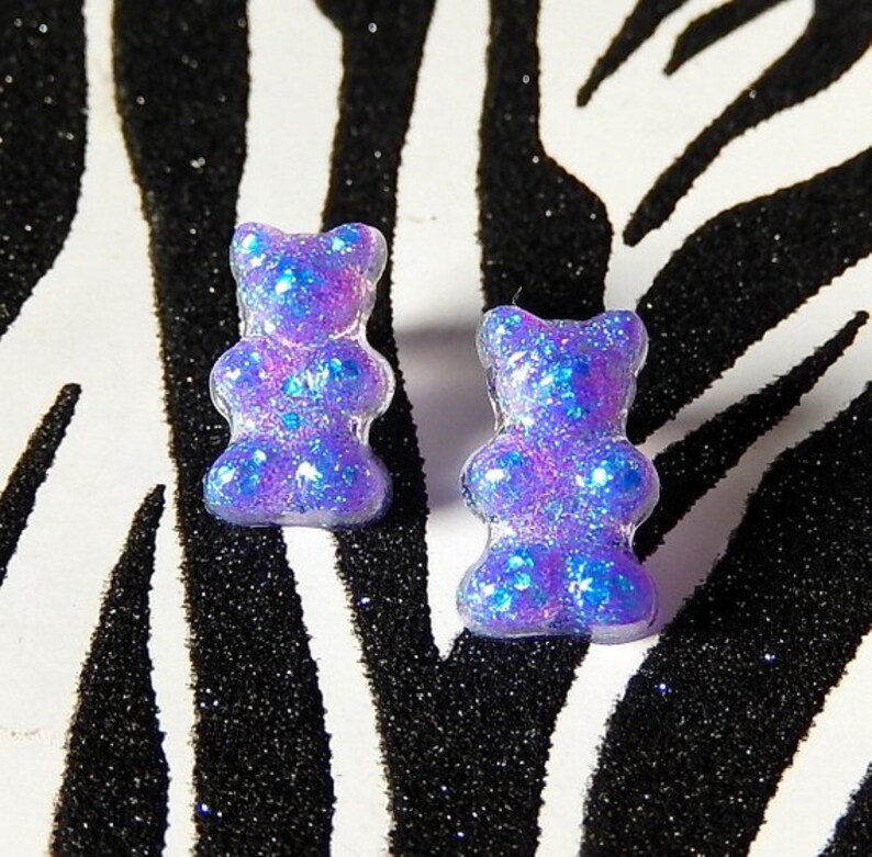 Iridescent Gummy Bear Earrings Purple Resin Studs Candy Etsy