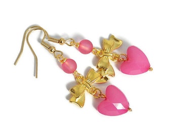 Pink Heart Earrings, Gold Bow Dangles, Magenta Fuchsia Statement Jewelry