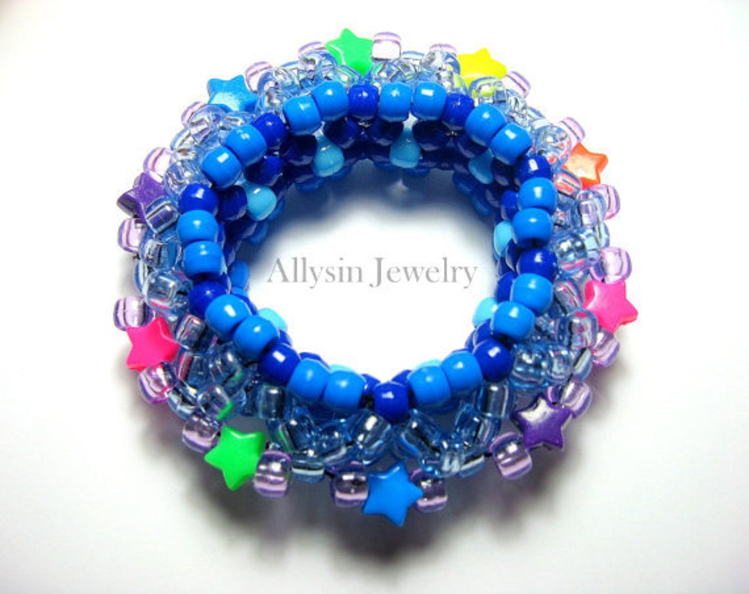 3D Kandi Cuff, Blue, Stars, Disc Style, Neon Rainbow Bracelet, , Rave